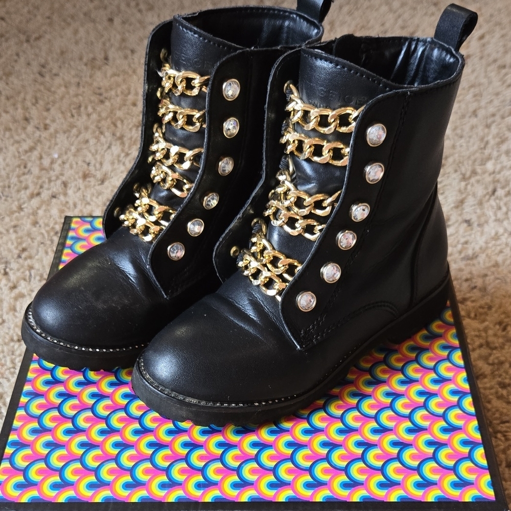Kurt Geiger Black and Gold Combat Boots with Chain Detail